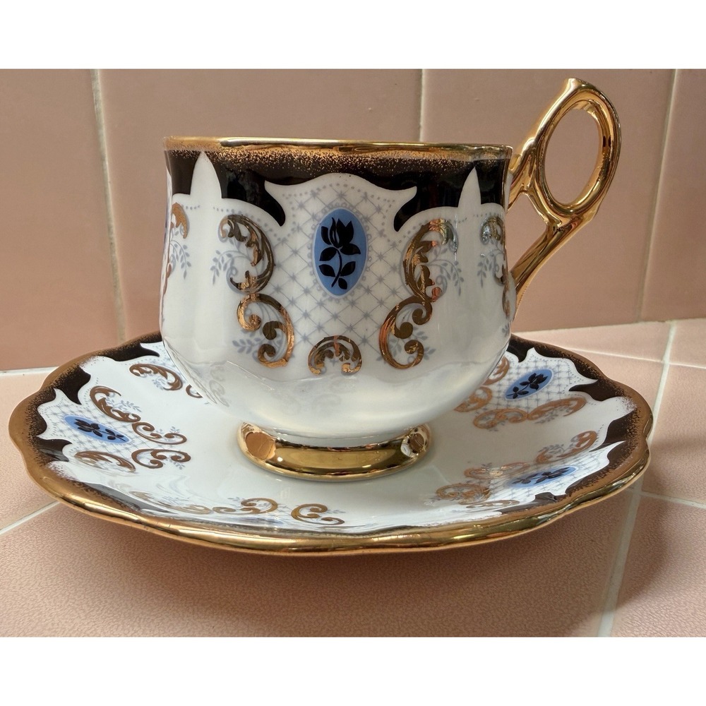 VINTAGE Rosina FINE BONE CHINA teacup and saucer Blue & Gold